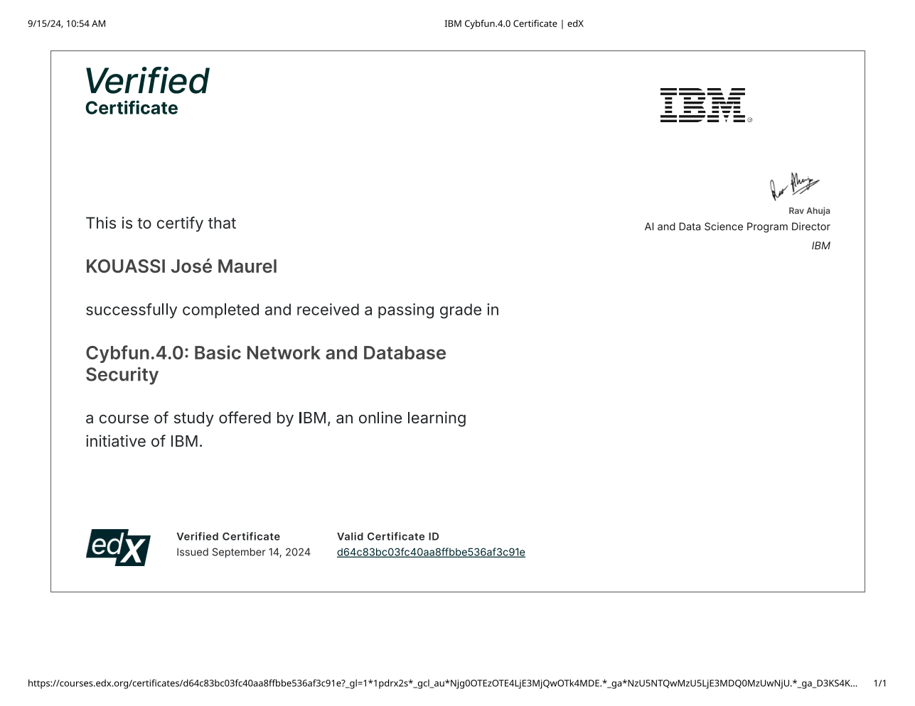 IBM Basic Network and Database Security certificate